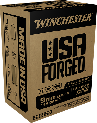 Winchester USA Forged Pistol Ammunition WIN9S, 9mm Luger, Steel Case, Full Metal Jacket, 115 GR, 1190 fps, 150 Rd/Bx