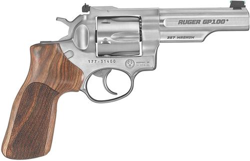 Ruger GP100 Double Action Revolver 1755, 357 Magnum, 4", Adj Sight, Hogue Stippled Hardwood, Satin Stainless Finish, 6rd