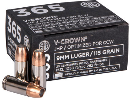 Sig Sauer 365 Elite Performance Pistol Ammunition E9MMA136520, 9mm, JHP V-Crown, 115 GR, 1185 fps, 20 Rd/bx
