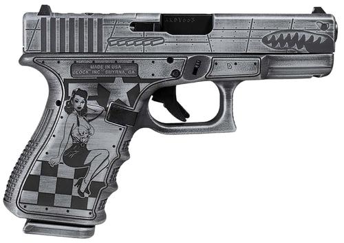 Glock G45 Gen5 P-51 Mustang Pistol UA45S204NP51M, 9mm Luger, 4.02in, Distressed Gray Textured w/Pin-up Girl, Bomber Engraved Distressed Gray Cerakote Finish, 17 Rds