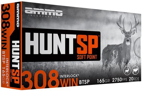 Ammo Inc Hunt Rifle Ammunition, 308 Win, Soft Point, 165 gr, 2750 fps, 20 Rd/Bx