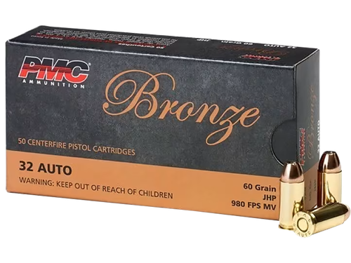 PMC Bronze Line Pistol Ammunition 32B, 32 ACP, Hollow Point (HP), 60 GR, 980 fps, 50 Rd/bx