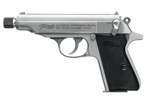 Walther PP SD Pistol 4796062, 32 ACP, 3.90in, Black Polymer Grips, Stainless Finish, 8 Rds