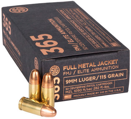 Sig Sauer 365 Elite Performance Pistol Ammunition E9MMB136550, 9mm, Full Metal Jacket, 115 GR, 1185 fps, 50 Rd/bx