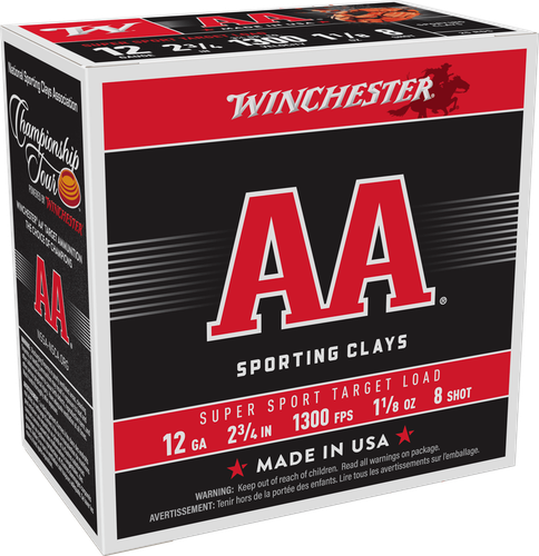 Winchester AA SuperSport Sporting Clays AASC128, 12 Gauge, 2-3/4", 1-1/8 oz, 1300 fps, #8 Lead Shot, 25 Rds/Bx