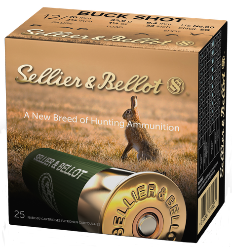 Sellier & Bellot Shotgun Ammuntion SB12BSG, 12 Gauge, 2-3/4", 9 Pellets, #00 Lead Buckshot, 1200 fps, 25 Rd/bx