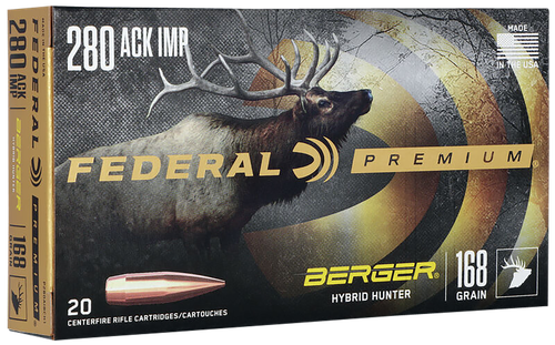 Federal Premium Berger Hybrid Rifle Ammunition P280AIBCH1, 280 Ackley Improve, Berger Hybrid, 168 GR, 2800 fps, 20 Rds/Bx