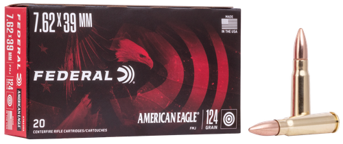 Federal American Eagle Rifle Ammunition A76239A, 7.62 mm X 39 mm, Metal Case (MC), 124 GR, 2300 fps, 20 Rd/bx