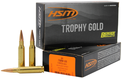 HSM Trophy Gold Rifle Ammunition 7mm08140VLD, 7mm-08 Remington, Berger Hunting VLD, 140 GR, 2811 fps, 20 Rd/bx