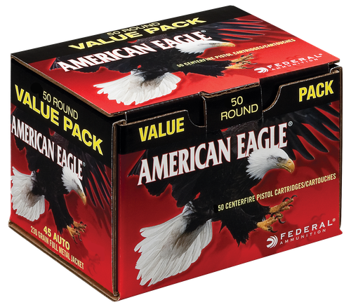 Federal Cartridge American Eagle Handgun Pistol Ammunition AE45A50, 45 ACP, Full Metal Jacket (FMJ), 230 GR, 890 fps, 50 Rd/bx