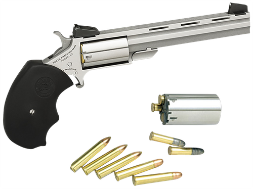 North American Mini Master Revolver MMTC, 22 LR / 22 WMR, 4", Black Rubber Grip, Stainless Finish, 5 Rd, Adjustable Sights