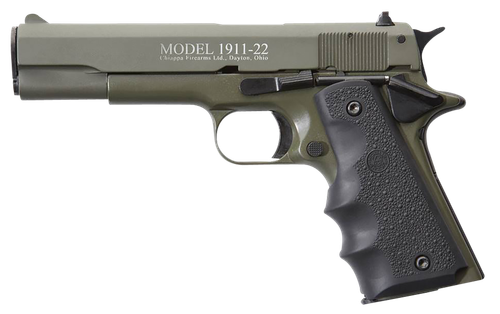Chiappa 1911-22 22 Standard Pistol 401121, 22 LR, 5in, Black Hogue Rubber w/Finger Grooves Grips, OD Green Finish, 10 Rds