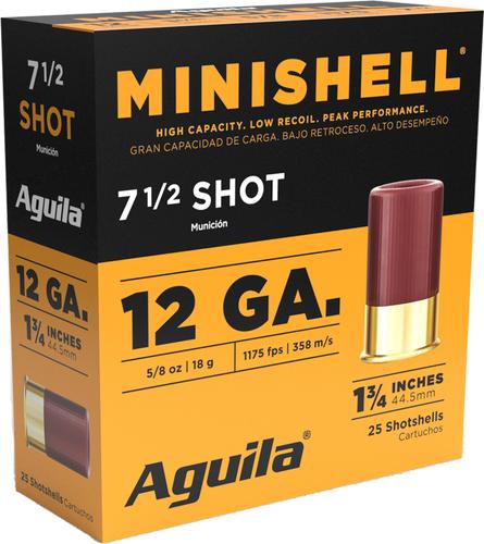 Aguila Minishell Shotshells 1CHB1387, 12 Gauge, 1-3/4", 5/8 oz, 1200 fps, #7.5 Lead Shot, 25 Rds/box