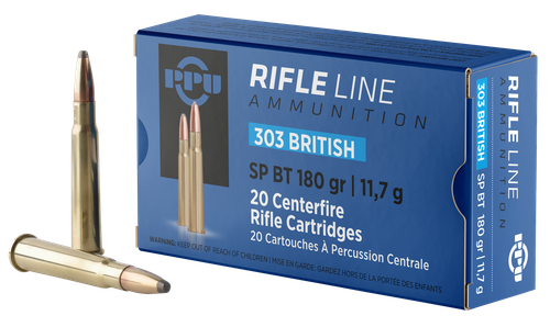 PPU Standard Rifle Ammunition PP303S2, 303 British, Soft Point Boat Tail, 180 GR, 2460 fps, 20 Rds/bx