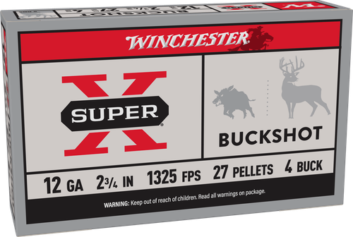 Winchester Super X Buckshot XB124, 12 Gauge, 2-3/4", 27 Pellets, 1325 fps, #4 Buffered Lead Buckshot, 5 Rd/bx