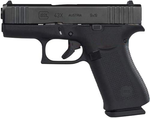 Glock 43X Pistol UX4350201, 9mm, 3.39", Black Synthetic Grips, Black Finish, Fixed Sights, 10 Rds, Made in USA