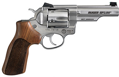 Ruger GP100 Double Action Revolver 1754, 357 Magnum, 4 in, Hogue Stippled Hardwood, Satin Stainless Finish, 6 rd