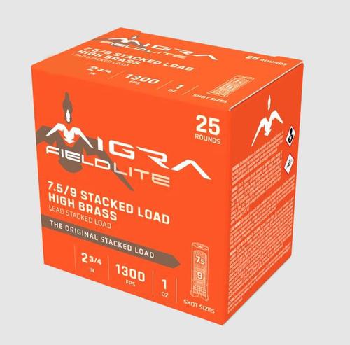 Migra High Brass Stacked Pheasant Shotshells, 12 Gauge, 2 3/4", 1 1/4 oz, 1350 fps, 4/6 Shot, 25 Rd/bx