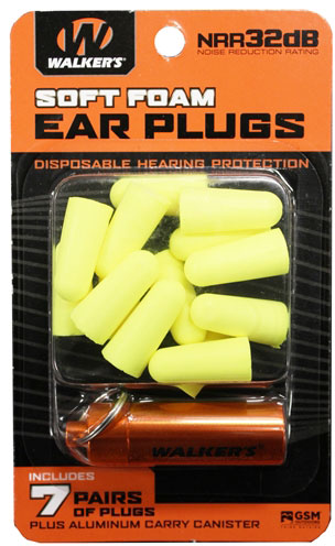 Walker Game Ear Neon Yellow Foam Plug, 7 Pairs w/Aluminum Carry Canister (GWPPLGCAN-YL)
