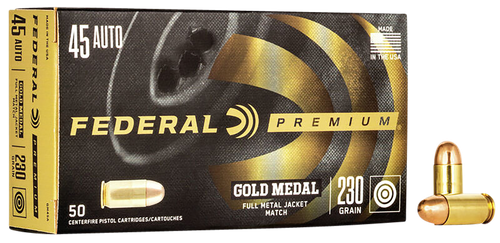 Federal Premium Gold Medal Pistol Ammunition GM45A, 45 ACP, Full Metal Jacket (FMJ), 230 GR, 860 fps, 50 Rd/bx