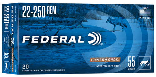 Federal Premium Power Shok Rifle Ammunition 22250A, 22-250 Remington, Soft Point (SP), 55 GR, 3680 fps, 20 Rd/bx