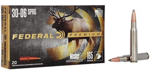Federal Premium Vital-Shok Rifle Ammunition P3006AD, 30-06 Springfield, Nosler Partition, 165 GR, 2830 fps, 20 Rd/bx