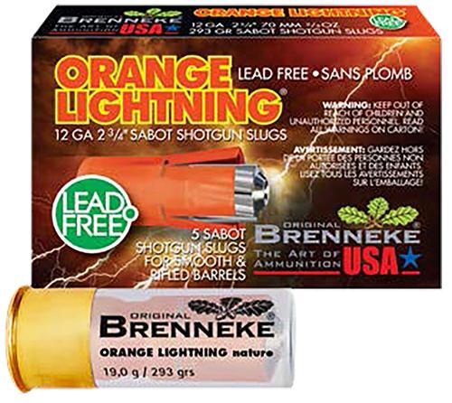 Brenneke Orange Lightning Shotshells SL122OLN, 12 Gauge, 2-3/4", 2/3 oz, 1640 fps, Slug, 5 Rds/box