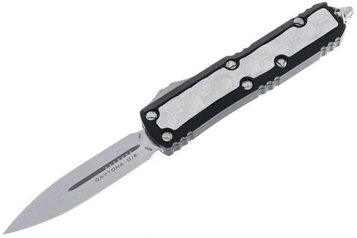 Microtech UTX-85 Daytona OTF Automatic Knife, Stonewashed Standard Double Edge, Black Brute Inlay (126-10BIS)