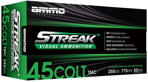 Ammo Inc Streak Visual (GREEN) Pistol Ammunition 45C250TMCSTRKGRN50, 45 Colt, Total Metal Case, 250  GR, 775  fps, 50 Rd/bx