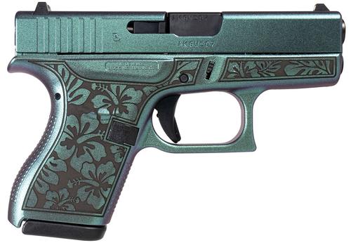 Glock G42 Gen3 Pistol UI4250204NHIBMAKO, 380 ACP, 3.25in, Textured Polymer, Mako Green Cerakote w/Hibiscus Finish, 6 Rds