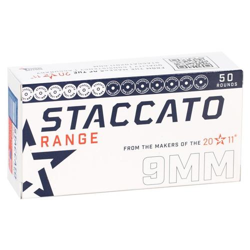 Staccato Range Pistol Ammunition 1-919-LHA124FMJ-STAC-R-ECOM, 9mm, Full Metal Jacket (FMJ), 124 GR, 1130 fps, 50 Rd/bx