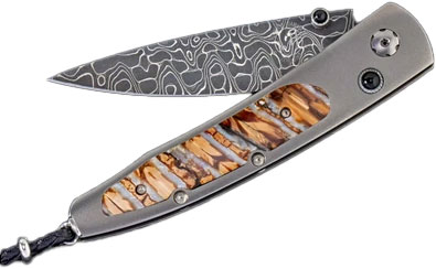 William Henry Lancet Intrepid Folding Knife, Damascus Blade, Titanium and Fossil Mammoth Tooth Handle (B10INTERPID)
