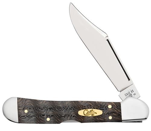 Case Mini Copperlock Smooth Black Curly Oak Wood Lockback Folding Knife w/Plain Edge