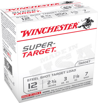 Winchester Super Target Shotshells TRGT12S7, 12 Gauge, 2-3/4", 1-1/8 oz, 1200 fps, #7 Steel Shot, 25 Rds/Bx