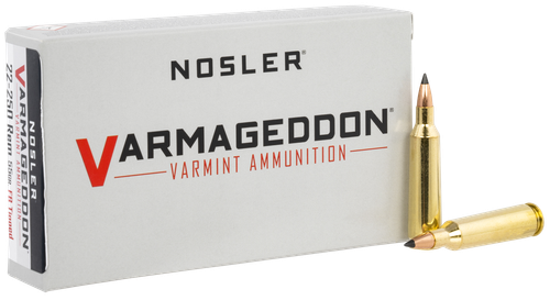 Nosler Varmageddon Rifle Ammunition 65155, 22-250 Remington, Flat Base Tipped, 55 GR, 3550 fps, 20 Rd/bx