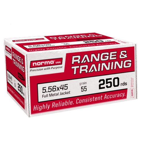 Norma Range & Training Rifle Ammunition, 5.56x45mm NATO, FMJ, 55 gr, 3150 fps, 250 Rd/Bx
