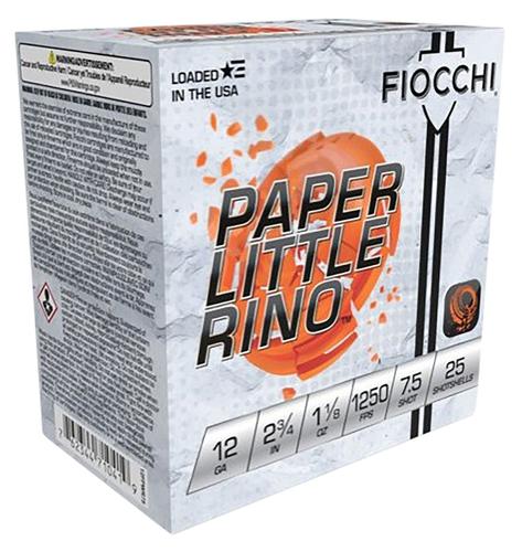 Fiocchi Paper Little Rhino Shotgun Shells 12FPWR75, 12 Gauge, 2.75", 1-1/8 oz, 1250 fps, #7.5 Shot, 25 Rds/bx