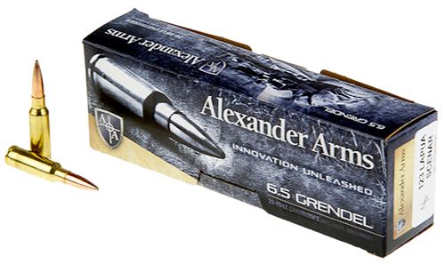 Alexander Arms Rifle Ammunition AG123LSBOX, 6.5 Grendel, Boat Tail Open Tip Match, 123 gr, 2480 fps, 20 Rd/Bx