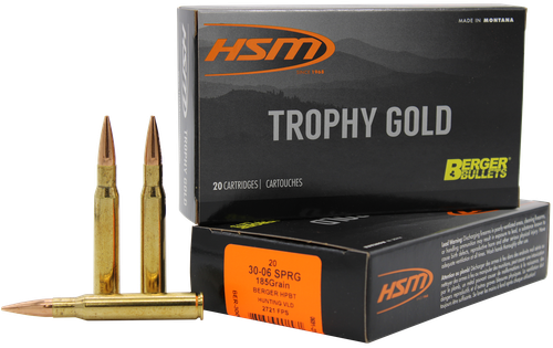 HSM Trophy Gold Rifle Ammunition 3006185VLD, 30-06 Springfield, Berger Match Hunting VLD, 185 GR, 2721 fps, 20 Rd/bx