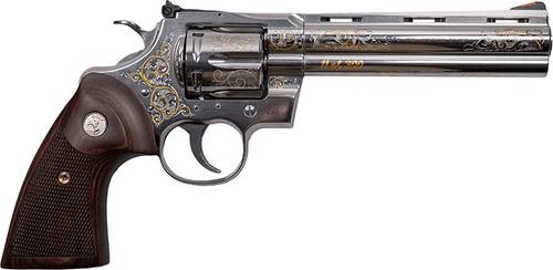Custom & Collectible Engraved Colt Python CNCPYTHN-WROP6, 357 Magnum, 6", Wood Grips, Engraved Stainless Steel Finish, 6 Rds