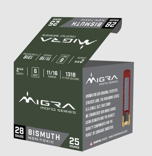 Migra Custon Bismuth Shotshells 28 Gauge, 2 3/4", 1/2 oz, 6 Shot, 25 Per Box