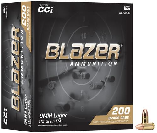 CCI Blazer Brass Pistol Ammunition, 9mm, Full Metal Jacket (FMJ), 115 GR, 1145 fps, 200 Rd/bx
