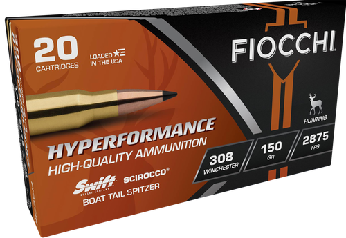 Fiocchi Hyperformance Rifle Ammunition, 308 Win, Swift Scirocco II Bonded, 150 gr, 2875 fps, 20 Rd/Bx