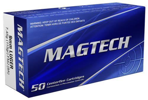 Magtech Sport HuntingPistol Ammunition 9A, 9mm, Full Metal Jacket (FMJ), 115 GR, 1135 fps, 50 Rd/bx