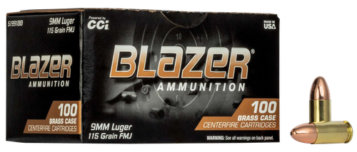 CCI Blazer Brass Pistol Ammunition 51991BB, 9mm Luger, Full Metal Jacket (FMJ), 115 gr, 1145 fps, 100 Rd/Bx