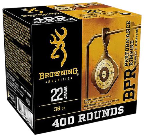 Browning BPR Rimfire Ammunition B194122401, 22 LR, Plated Hollow Point, 36 gr, 400 Rds/Bx