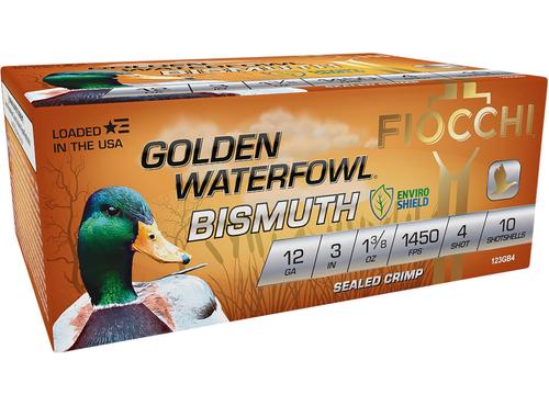 Fiocchi Golden Waterfowl Bismuth Shotshells 123GB4, 12 Gauge, 3", 1 3/8 oz, 1450 fps, #4 Steel Shot, 10 Rds/box