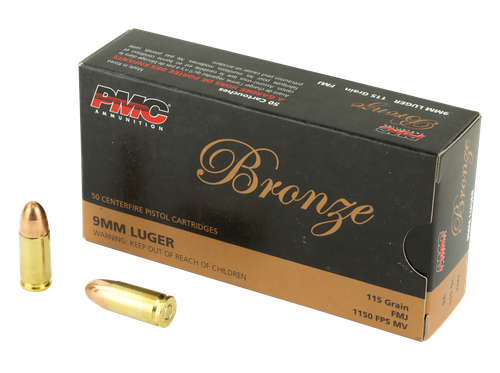 PMC Bronze Line Pistol Ammunition 9A, 9mm, Full Metal Jacket (FMJ), 115 GR, 1150 fps, 50 Rd/bx