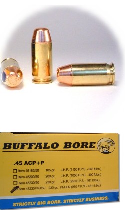 Buffalo Bore Handgun Ammunition 45-230 F.M.J./20, 45 ACP +P, Full Metal Jacket Flat Nose (FN), 230 GR, 950 fps, 20 Rd/Bx