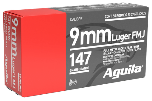 Aguila Pistol Ammunition 1E097719, 9mm Luger, Full Metal Jacket Flat Point, 147 GR, 950 fps, 50 Rd/Bx